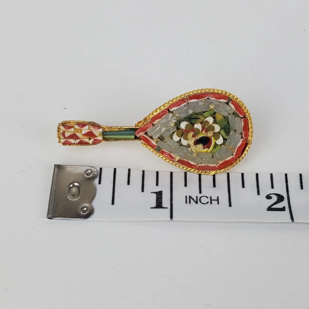 Vintage Multicolor Floral Micro Mosaic Glass Gold Tone Metal Guitar Brooch Pin